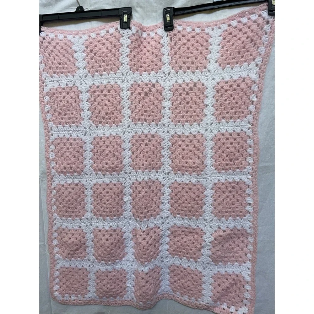 Handmade Pink White Square Afghan Crochet Baby Blanket Lot Of 2
